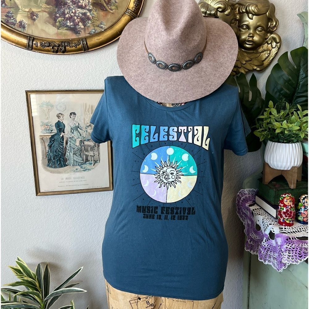 Brisco Brands Blue Celestial Music Festival June 1977 Hippie Graphic Tee Shirt L